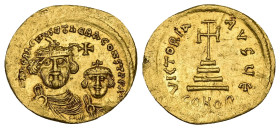 Heraclius and Heraclius Constantine, AD 610-641. AV, Solidus. 4.36 g. 21.75 mm. Constantinople.
Obv: δδ NN ҺЄRACLIЧS ЄT ҺЄRA CONST P P AV. Facing bust...