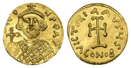 Leontius, AD 695-698. AV, Tremissis. 1.38 g. 15.11 mm. Constantinople.
Obv: Frontal bust of Leontius, wearing loros. Globus cruciger in right hand.
Re...