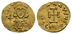 Leo III the Isaurian, AD 717-741. AV, Tremissis. 1.41 g. 16.97 mm. Constantinople.
Obv: Frontal bust of Leo III, bearded, wearing chlamys and crown wi...