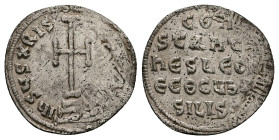 Constantine V Copronymus and Leo IV, AD 741-775. AR, Miliaresion. 1.49 g. 20.40 mm. Constantinopolis.
Obv: IҺSЧSXPIS-TЧSҺICA. Cross potent on three st...