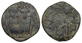 Leo IV The Khazar with Constantine VI, Leo III and Constantine V, AD 775-780. AE, Follis. 5.60 g. 22.51 mm. Constantinople.
Obv: Leo IV unbearded on l...