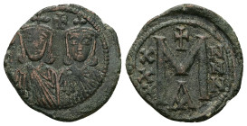 Nicephorus I, AD 802-811. AE, Follis. 5.28 g. 22.97 mm. Constantinople.
Obv: Facing busts of Nicephorus on the left, with short beard, and Stauracius ...