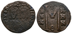 Michael II, Theophilus, AD 820-829. AE, Follis. 7.03 g. 30.11 mm. Constantinople.
Obv: mIXAHL-[SΘ]-[E]OFILOS. Michael, with crown and chlamys, short b...