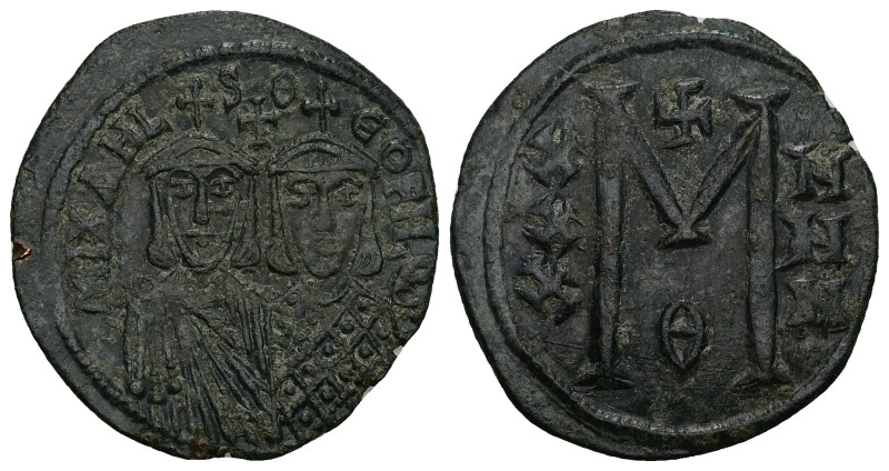Michael II, Theophilus, AD 820-829. AE, Follis. 7.87 g. 31.69 mm. Constantinople...