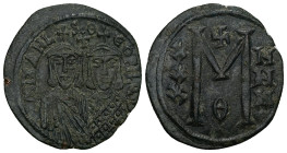 Michael II, Theophilus, AD 820-829. AE, Follis. 7.87 g. 31.69 mm. Constantinople.
Obv: mIXAHL-SΘ-EOFIL[OS]. Michael, with crown and chlamys, short bea...