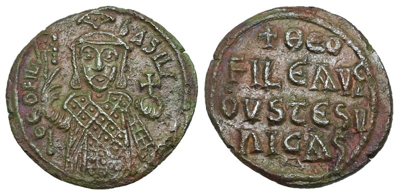 Theophilus, AD 830-842. AE, Follis. 5.20 g. 24.16 mm. Constantinople.
Obv: ΘEOFI...