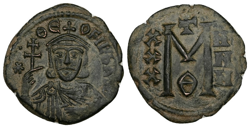 Theophilus, AD 830-842. AE, Follis. 7.83 g. 28.42 mm. Constantinople.
Obv: ✷ΘE-O...