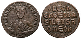 Leo VI the Wise, AD 886-912. AE, Follis. 5.36 g. 25.22 mm. Constantinople.
Obv: + LЄOҺЬAS-ILЄVSROM. Frontal bust of Leo VI with short beard wearing ch...