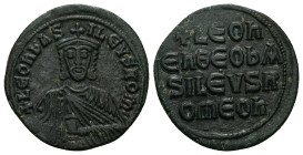 Leo VI the Wise, AD 886-912. AE, Follis. 6.52 g. 26.56 mm. Constantinople.
Obv: + LЄOҺЬAS-ILЄVSROM. Frontal bust of Leo VI with short beard wearing ch...