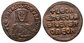 Leo VI the Wise, AD 886-912. AE, Follis. 6.60 g. 25.64 mm. Constantinople.
Obv: + LЄOҺЬAS-ILЄVSROM. Frontal bust of Leo VI with short beard wearing ch...