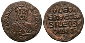 Leo VI the Wise, AD 886-912. AE, Follis. 7.44 g. 26.06 mm. Constantinople.
Obv: + LЄOҺЬAS-ILЄVSROM. Frontal bust of Leo VI with short beard wearing ch...