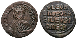 Leo VI the Wise, AD 886-912. AE, Follis. 8.31 g. 26.76 mm. Constantinople.
Obv: + LЄOҺЬAS-ILЄVSROM. Frontal bust of Leo VI with short beard wearing ch...