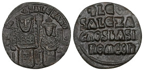 Leo VI the Wise and Alexander, AD 886-912. AE, Follis. 5.44 g. 24.37 mm. Constantinople. 
Obv: [+ LЄ]OҺ-SALЄΞAҺδ[ROS]. Leo on left and Alexander on ri...