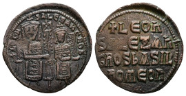 Leo VI the Wise and Alexander, AD 886-912. AE, Follis. 5.85 g. 27.79 mm. Constantinople. 
Obv: + L[Є]OҺ-SALЄΞAҺδROS. Leo on left and Alexander on righ...