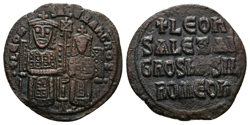 Leo VI the Wise and Alexander, AD 886-912. AE, Follis. 6.22 g. 25.96 mm. Constan...