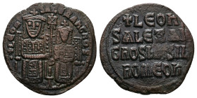 Leo VI the Wise and Alexander, AD 886-912. AE, Follis. 6.22 g. 25.96 mm. Constantinople. 
Obv: + LЄOҺ-SALЄΞAҺδROS. Leo on left and Alexander on right,...
