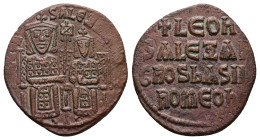 Leo VI the Wise and Alexander, AD 886-912. AE, Follis. 6.77 g. 26.16 mm. Constantinople. 
Obv: [+ LЄOҺ]-SALЄ[ΞAҺδROS]. Leo on left and Alexander on ri...