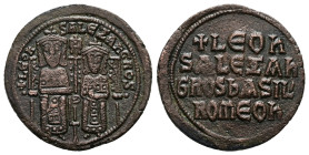 Leo VI the Wise and Alexander, AD 886-912. AE, Follis. 7.00 g. 27.77 mm. Constantinople. 
Obv: + LЄOҺ-SALЄΞAҺδROS. Leo on left and Alexander on right,...