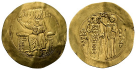 John II Comnenus, AD 1118-1143. AV, Hyperpyron. 4.30 g. 30.71 mm. Constantinople.
Obv: IC XC. Christ, bearded and nimbate, wearing tunic and colobion,...