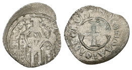 Andronicus II Palaeologus, AD 1282-1328. BI, Tornese. 0.67 g. 18.74 mm. Constantinople.
Obv: Andronicus standing facing, holding cross-tipped sceptre ...