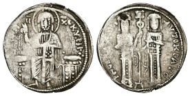 Andronicus II Palaeologus and Michael IX, AD 1282-1328. AR, Basilikon. 2.04 g. 22.32 mm. Constantinople.
Obv: KYPI[E BOHΘEI]. Christ seated on backles...