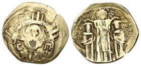 Andronicus II Palaeologus and Michael IX, AD 1282-1328. AV, Hyperpyron. 3.87 g. 23.89 mm. Constantinople.
Obv: Virgin orans within city walls connecti...