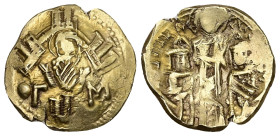Andronicus II Palaeologus and Michael IX, AD 1282-1328. AV, Hyperpyron. 4.48 g. 23.08 mm. Constantinople.
Obv: Virgin orans within city walls connecti...