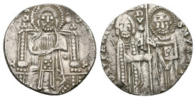 Republic of Venice. AR, Grosso. 1.86 g. 19.68 mm. Venice.
Obv: Doge (duke) stands facing receiving banner from patron saint St. Mark.
Rev: Facing figu...