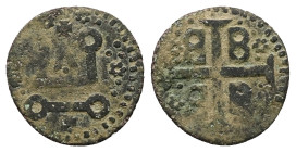 Crusaders, Mytilene (Lordship). Francesco I Gattilusio, AD 1355-1384. Bl, Denaro. 0.71 g. 16.37 mm.
Obv: Castle Tournois.
Rev: Palaeologan tetragramma...