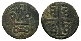 Crusaders, Mytilene (Lordship). Francesco I Gattilusio, AD 1355-1384. Bl, Denaro. 0.96 g. 16.43 mm.
Obv: Castle Tournois.
Rev: Palaeologan tetragramma...