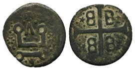Crusaders, Mytilene (Lordship). Francesco I Gattilusio, AD 1355-1384. Bl, Denaro. 0.97 g. 16.66 mm.
Obv: Castle Tournois.
Rev: Palaeologan tetragramma...