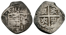 Spain. Philip, AR, 2 reales. 6.72 g. 22.89 mm.
Obv: PHILI[PPVS D G HISPANIA]. Crowned arms.
Rev: Cross with castles and lions in angles, in octolobe. ...