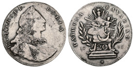 Obv: D G MAX IOS U B D S R I A. Armored and draped bust to right.
Rev: PATRONA-BAVRIAE / 17-85. Seated Madonna with Child on pedestal with value "20",...