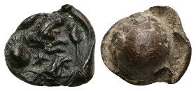PB Roman conical  seal (c. AD 1st–3th centuries)
Obv: Five different symbols that make up a composition: at l., forepart of a lion, r.; at r., a stor...