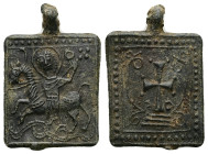 PB Byzantine anonymous lead pendant (c. AD 10th century).
Obv: Nimbate military saint on horseback left, spearing coiled serpent with a cruciform spea...