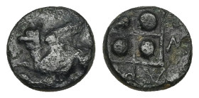 Thrace, Abdera. Ae, 1.28 g 10.26 mm. Circa 336-311 BC. 
Obv: Griffin seated left, raising forepaw. 
Rev: Quadripartite square with pellets in quarters...