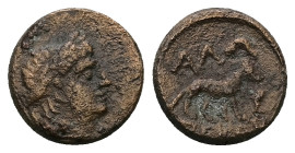 Thrace, Alopeconnesos. Ae, 1,88 g 12,56 mm Circa 4th-3rd centuries BC.
Obv.: Laureate head of Apollo right.
Rev.: ΑΛΩ-ΠΕΚΟΝ; Fox walking right, barley...