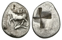 Thrace, Byzantion. AR Half Siglos, 2.28 g 16.70 mm. Circa 387/6-340 BC. 
Obv: Bull standing left on dolphin left 
Rev: Quadripartite incuse square. 
R...