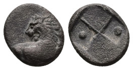 Thrace, Chersonesos. AR Hemidrachm, 2.12 g 13.66 mm. Circa 386-338 BC.
Obv: Forepart of lion right, head left.
Rev: Quadripartite incuse square, with ...