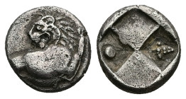 Thrace, Chersonesos. AR Hemidrachm. 2.15 g 12.59 mm. Circa 386-338 BC. 
Obv: Forepart of lion right, head left.
Rev: Quadripartite incuse square with ...