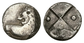 Thrace, Chersonesos. AR Hemidrachm, 2.15 g 13.22 mm. Circa 386-338 BC.
Obv: Forepart of lion right, head left.
Rev: Quadripartite incuse square, with ...