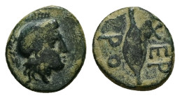 Thrace, Chersonesos. Ae, 1.45 g 11.98 mm. Circa mid-4th century-309 BC. 
Obv: Helmeted head of Athena right. 
Rev. ΧΕΡ-ΡΟ; Barley-corn. 
Ref.: HGC 3.2...
