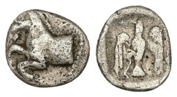Kings of Thrace, Odrysian. Sparadokos. AR Diobol. 1.23 g 11.36 mm. Circa 450-440 BC.
Obv: Forepart of horse left.
Rev: Eagle flying left, holding serp...