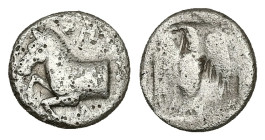 Kings of Thrace, Odrysian. Sparadokos. AR Diobol. 1.20 g 10.57 mm. Circa 450-440 BC.
Obv: Forepart of horse left.
Rev: Eagle flying left, holding serp...