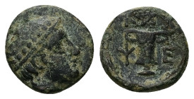 Thrace, Kypsela. Ae, 1.81 g 12.06 mm. Circa 420-380 BC.
Obv: Head of Hermes right, wearing petasos.
Rev: Κ - Υ / Ψ – Ε, two-handled cup; pentagram abo...
