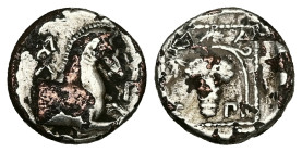 Thrace, Maroneia. AR Fourrèe Hemidrachm, 2.15 g 13.97 mm
Obv: Forepart of horse right.
Rev: Grape bunch within dotted border.
Near Fine