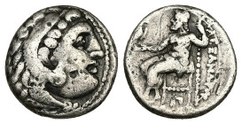 Kings of Macedon, Alexander III 'the Great'. AR Drachm, 4.15 g 16.42 mm. 336-323 BC. Kolophon.
Obv: Head of Herakles right, wearing lion skin.
Rev: AΛ...