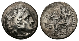 Kings of Macedon, Alexander III 'the Great'. AR Drachm, 3.75 g 18.36 mm. 336-323 BC. Kolophon.
Obv: Head of Herakles right, wearing lion skin.
Rev: AΛ...