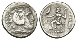 Kings of Macedon, Alexander III 'the Great'. AR Drachm, 4.00 g 17.10 mm. 336-323 BC. Sardes.
Obv: Head of Herakles right, wearing lion skin.
Rev: AΛEΞ...