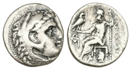 Kings of Macedon, Alexander III 'the Great'. AR Drachm, 4.08 g 17.45 mm. 336-323 BC. Abydos.
Obv: Head of Herakles right, wearing lion skin.
Rev: AΛEΞ...